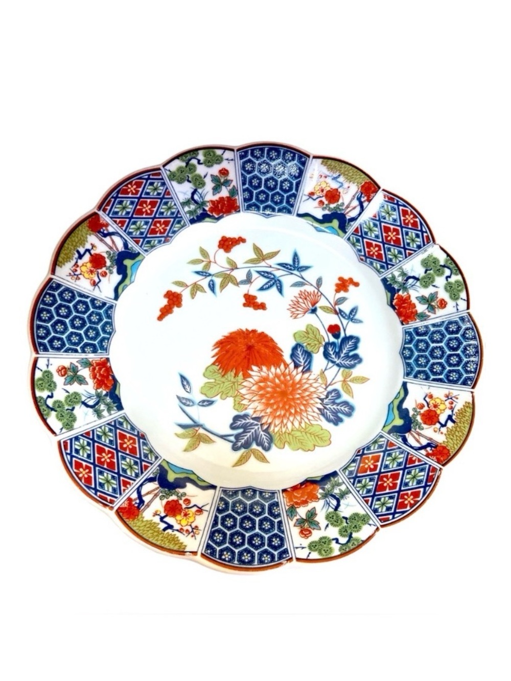TONO Imari‎ Ware Dinner Plate 10” Scalloped Rim Floral Red & Blue Japan Vintage